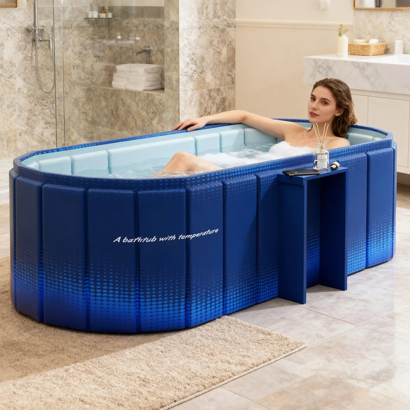 Woman relaxing in a blue portable bathtub in a bathroom.