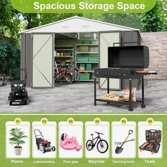 A large outdoor storage shed with open double doors, shown in a backyard setting with a black grill, lawnmower, bicycle, pool float, plants, and gardening tools. A green banner at the top reads 'Spacious Storage Space,' and a row of six labeled icons below highlights storage uses.