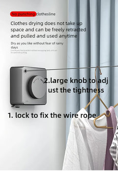 A wall-mounted clothesline device shown in a home setting with garments hanging on hangers beside light blue curtains. The image includes overlaid text instructions about retracting and adjusting the line, with a gray square control unit mounted on the wall.