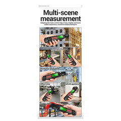 A promotional infographic titled 'Multi-scene measurement' showing multiple small photos of a handheld laser measure being used in different environments such as construction sites, basements, workshops, and public places. The product itself appears to be a black handheld device with a green display screen and red buttons.