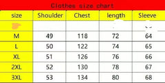 A clothes size chart table with columns for size, shoulder, chest, length, and sleeve. The header is red with the text 'Clothes size chart' in white.
