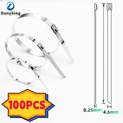 Three silver metal cable ties shown on a white background, with a Dunyking logo in the top left, a yellow '100PCS' badge at bottom left, and a technical dimension diagram at right indicating 0.25mm and 4.