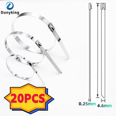 20 pieces of silver stainless steel cable ties shown on a white background, with a brand logo 'Dunyking' in the top left, a '20PCS' promotional badge in the bottom left, and technical dimension diagrams on the right.