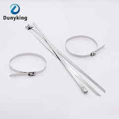 Three silver metal cable ties and two flat cable loops on a white background, with the Dunyking brand logo in the top left corner.