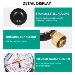 Product details with stainless steel housing, threaded connector, and pressure gauge pointer on a white background.