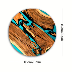 Round wooden coaster with blue and black patterns, size indicated as 10cm/3.9in.