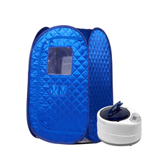 Blue portable sauna tent with a white device on a white background