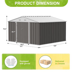 Product dimension diagram of a metal storage shed with measurements labeled 76.4 inches tall by 121 by 120 inches wide, plus feature icons stating equipped with gloves and delivered in 2 boxes.