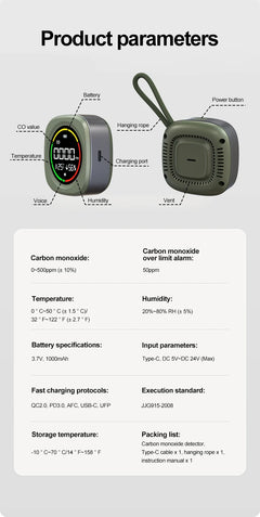 A product information graphic showing a small portable monitor and its hanging loop, with labeled product parameters and specifications below on a light gray background.