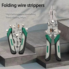 Two folding wire strippers on a concrete surface with text highlighting features.