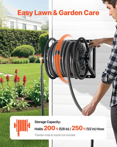 Wall Mounted Garden Hose Reel, Holds 200 ft 5/8-inch Manual Water Hose Winder, Heavy-Duty Steel, Outdoor Reel with Brass Fitting