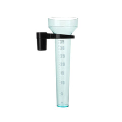 A clear plastic rain gauge with a black mounting bracket and a funnel top, featuring height measurement markings in centimeters and inches.