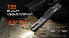 T35 compact tactical flashlight with specifications on a camouflage background