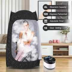 Portable steam room with a woman inside, placed on a wooden floor in a living room setting.