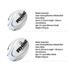 Two white Rhino Avalanche rugby balls shown on a light gray background, each with text listing model, level, color, size, age, and weight. The top ball is smaller and the bottom ball is larger.