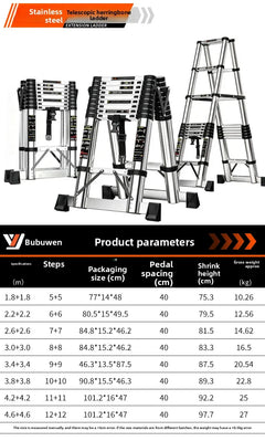A product information graphic for a stainless steel telescoping extension ladder by Bubuwen, showing multiple ladder configurations and a detailed specification table with steps, packaging size, pedal spacing, shrink height, and green wood application.