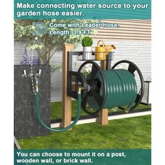 Green garden hose reel mounted on a wooden post in a backyard setting, with a green hose attached and a faucet connected. Text overlays describe the product and its features.