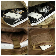 Collage of a brown bag with compartments and items inside, including a Chanel magazine.