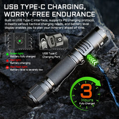 Tactical flashlight with USB Type-C charging and battery level display on a dark background