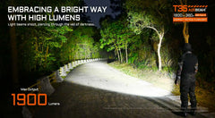 Person using a flashlight to illuminate a dark forest path with text about high lumens.
