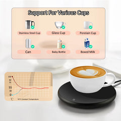Wireless charging pad with a cup of coffee and product compatibility chart on a white background