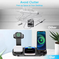 Multi-device charging station with smartphone, smartwatch, and headphones on a desk.