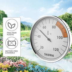 Sauna thermometer with outdoor scenery and sustainability icons.