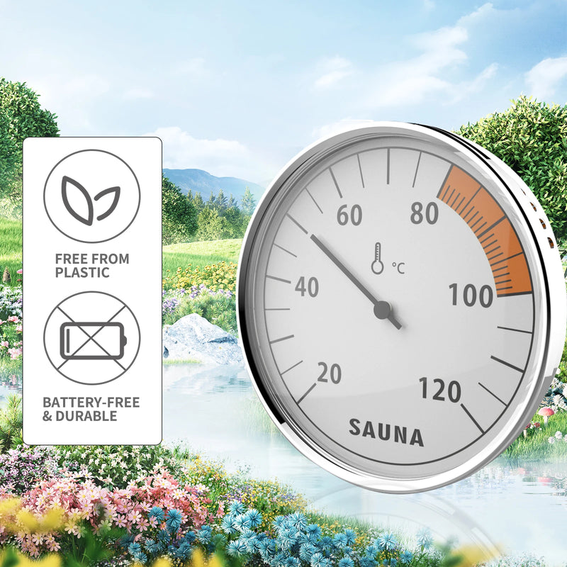 Sauna thermometer with outdoor scenery and sustainability icons.