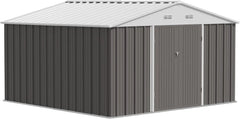 Metal storage shed with a gray exterior and white roof