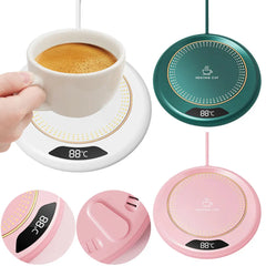 Heating cups with digital displays and a hand holding one, on a white background.