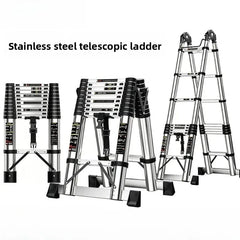 Three views of a stainless steel telescopic extension ladder on a white background, with the text 'Stainless steel telescopic ladder' at the top left.