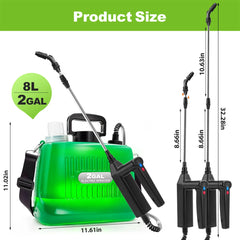 Green 2-gallon electric sprayer with black wand and hose, shown with dimension callouts and a 'Product Size' header. Includes an 8L/2GAL badge and separate vertical measurements for the wand.
