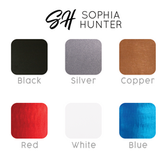 Color swatches for black, silver, copper, red, white, and blue with 'Sophia Hunter' branding.