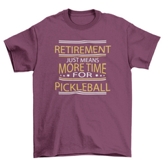 Purple t-shirt with yellow and white text on a white background