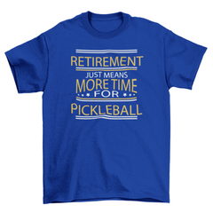 Blue t-shirt with yellow and white text on a white background