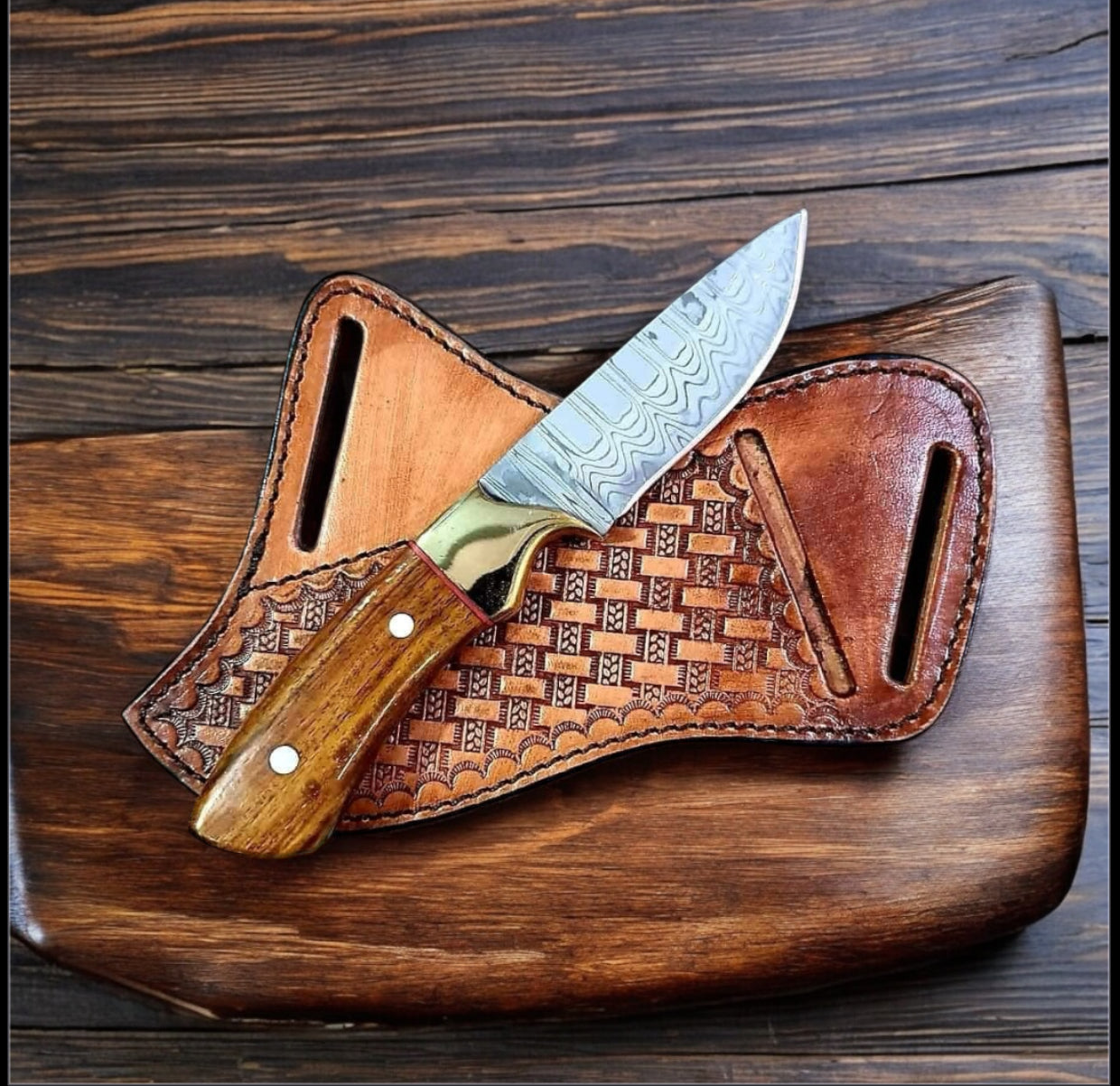 Damascus Fixed Blade Knife with Rosewood Handle