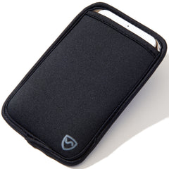 Black zippered pouch with a logo on a white background