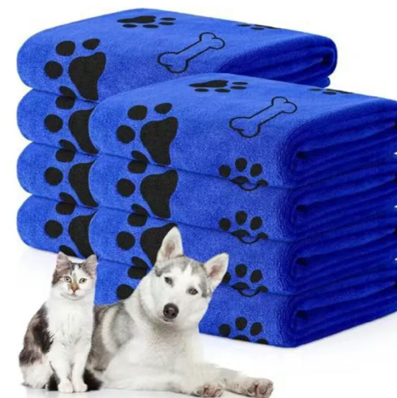 Stack of blue pet towels with paw and bone prints, featuring a cat and dog on a white background.