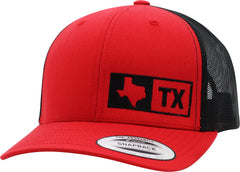 Red and black cap with Texas design on a white background