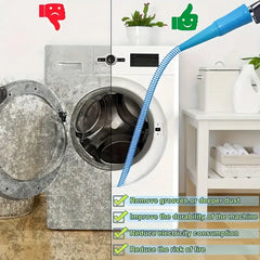 Cleaning a washing machine with a hose, showing before and after states, in a home setting.