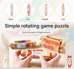 Wooden rotating game puzzle with animal figures and a child's hands interacting with it.