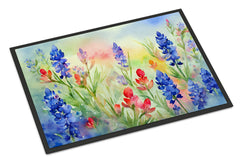 Decorative mat with watercolor design of blue and red flowers on a white background