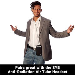 Man wearing a gray blazer and jeans with a black device on his belt, text 'SYB Anti-Radiation Air Tube Headset'.