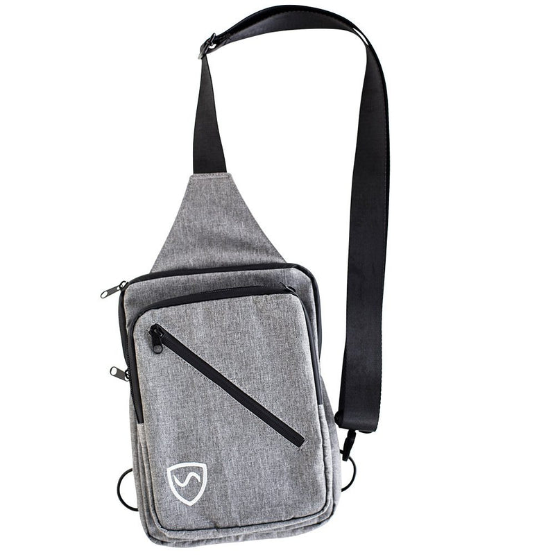 Gray sling bag with a black strap on a white background