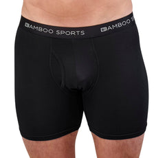 Black boxer briefs with Bamboo Sports waistband on a white background