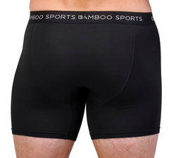 Black athletic shorts with Bamboo Sports waistband on a white background