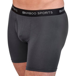 Gray boxer briefs with a black waistband labeled 'Bamboo Sports' on a white background.
