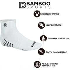 White sock with Bamboo Sports branding and features on a white background