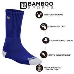 Blue sock with Bamboo Sports branding and features on a white background