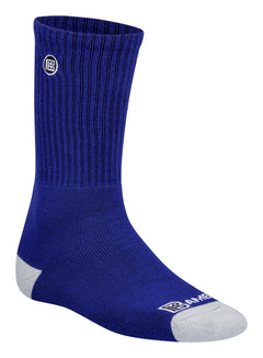Blue sock with a logo on a white background